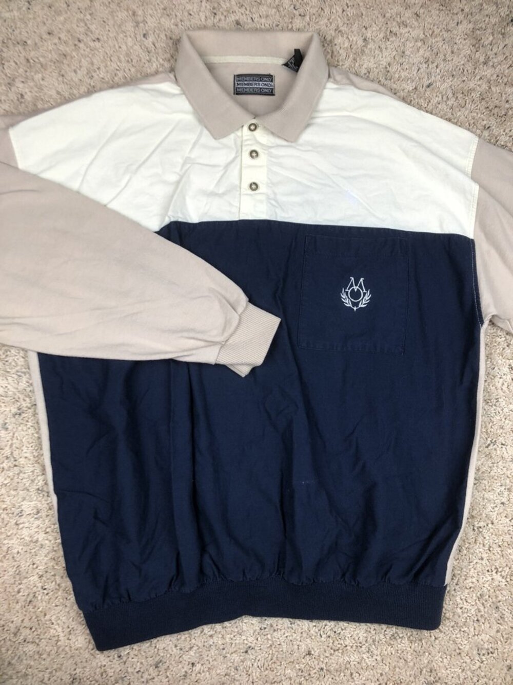 Vintage Members Only Polo Shirt Size XL Beige And Navy Blue Long Sleeve Casual